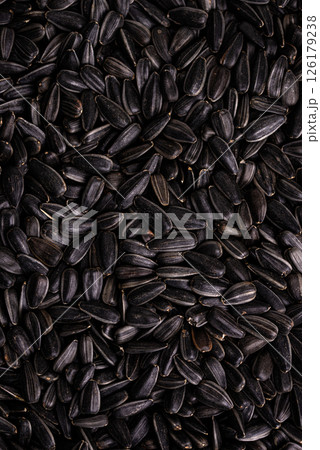 Black sunflower seeds texture background close-up Black sunflower seeds texture background close-up 126179238