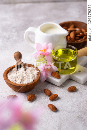 Almond alternative milk, oil and flour 126179286