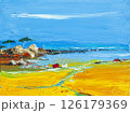 Summer sea. Vibrant oil painting of sandy seashore with rocks, trees, calm blue sea and sailboats under bright blue sky. Concept of scenic seascape, freedom, vibrant painting style 126179369