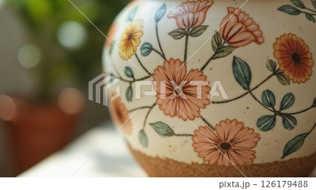 Decorative ceramic pot featuring delicate hand painted flower design 126179488