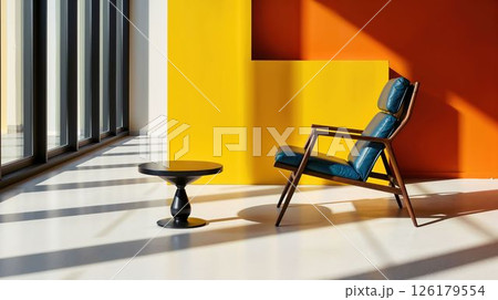 Stylish modern armchair and table in bright colorful room 126179554
