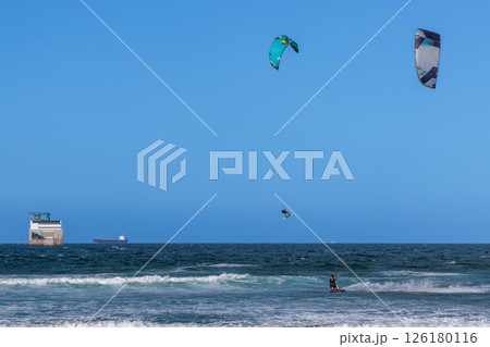 Kitesurfing at Playa de La Laja near Las Palmas, Gran Canaria, Canary Islands Kitesurfing at Playa de La Laja near Las Palmas, Gran Canaria, Canary Islands 126180116