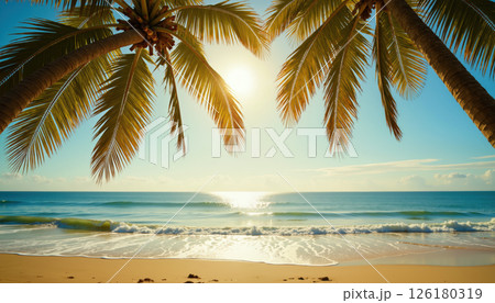 Tropical beach with palm trees and ocean waves. 126180319