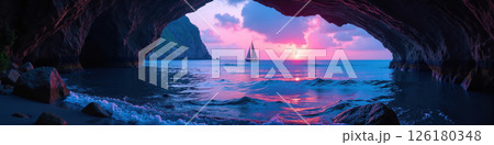 A serene sunset scene viewed from a cave. 126180348