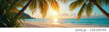 Tropical beach sunset with palm trees. 126180349