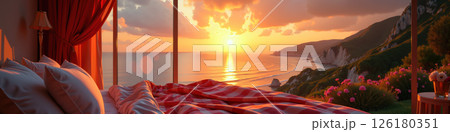 A serene bedroom with a coastal sunrise view. 126180351