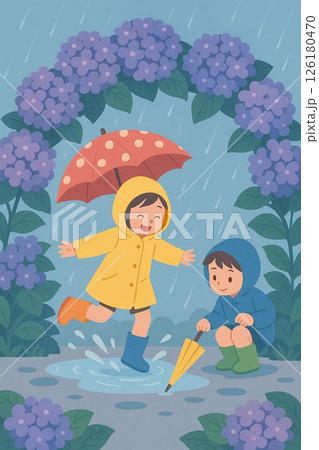 雨の日のあじさい遊び 126180470