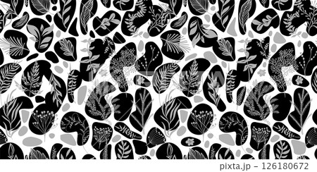 Monochrome branches with leaves and flowers seamless background. hand drawn. Not AI, Vector illustration 126180672