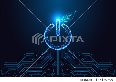 Green energy and smart power concept with glowing power button and leaf, circuit board vector Green energy and smart power concept with glowing power button and leaf, circuit board vector 126180709