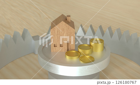 The Wood House and coins on trap for property concept 3d Rendering. 126180767