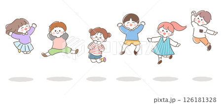 ジャンプする子どもたち　元気　笑顔　横並び 6人　 126181328