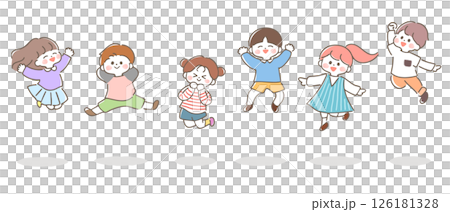 跳躍的孩子，開朗，微笑，排成一排，6 個人 126181328