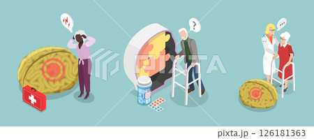 3D Isometric Flat Vector Illustration of Age Related Changes, Elderly Brain Activity Problems 3D Isometric Flat Vector Illustration of Age Related Changes, Elderly Brain Activity Problems 126181363