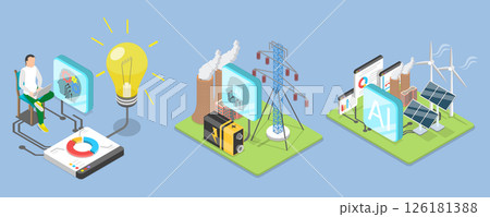 3D Isometric Flat Vector Illustration of Artificial Intelligence In Energy Production, AI-Power Consumption 126181388