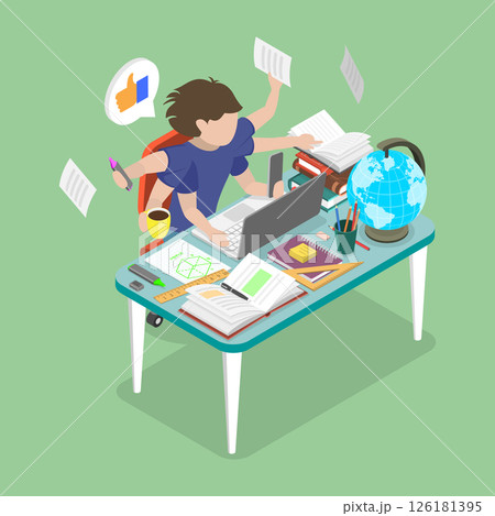 3D Isometric Flat Vector Illustration of Multitasking Kid, Student Doing Multitasks to Get Academic Success 3D Isometric Flat Vector Illustration of Multitasking Kid, Student Doing Multitasks to Get Academic Success 126181395