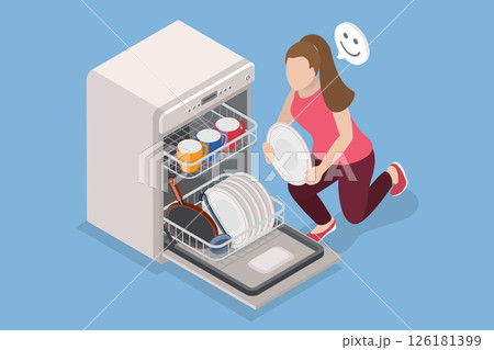 3D Isometric Flat Vector Illustration of Dishwasher, Kitchen Dish Cleaning Machine 126181399