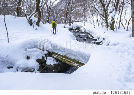 森の新雪をスノーシューで楽しむイメージ 大山木谷沢渓流 森の新雪をスノーシューで楽しむイメージ 大山木谷沢渓流 126181688