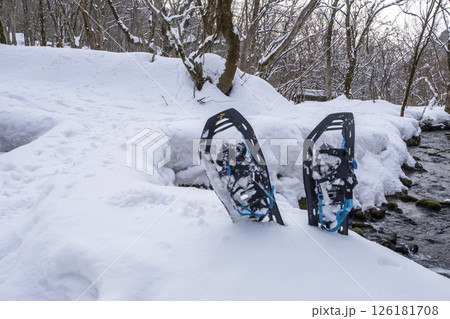 森の新雪をスノーシューで楽しむイメージ 大山木谷沢渓流 森の新雪をスノーシューで楽しむイメージ 大山木谷沢渓流 126181708