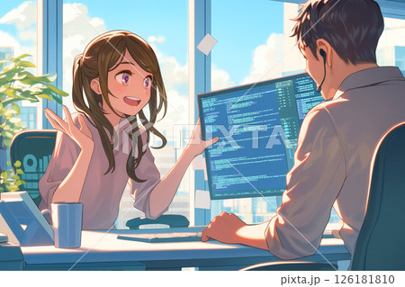 身振りを交えプログラムについて話す女性エンジニア_イラスト4 身振りを交えプログラムについて話す女性エンジニア_イラスト4 126181810