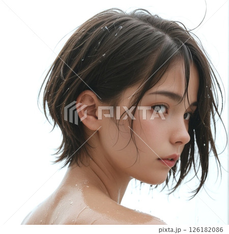 濡れた髪の日本の女性が振り向くポートレート 126182086
