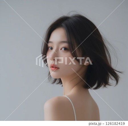 白背景で振り向く日本女性のポートレート 126182419