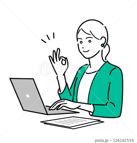 オッケーサインをしたPC作業中のビジネススーツ着用の女性のシンプルな上半身ベクターイラスト 126182559