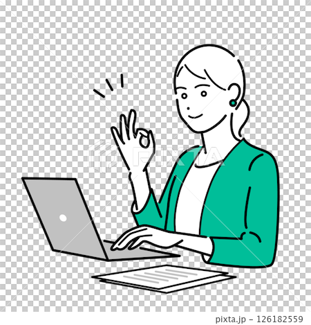 オッケーサインをしたPC作業中のビジネススーツ着用の女性のシンプルな上半身ベクターイラスト 126182559