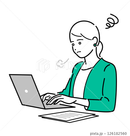 ため息をして悩む、パソコン作業中のビジネススーツ着用の女性のシンプルな上半身ベクターイラスト ため息をして悩む、パソコン作業中のビジネススーツ着用の女性のシンプルな上半身ベクターイラスト 126182560