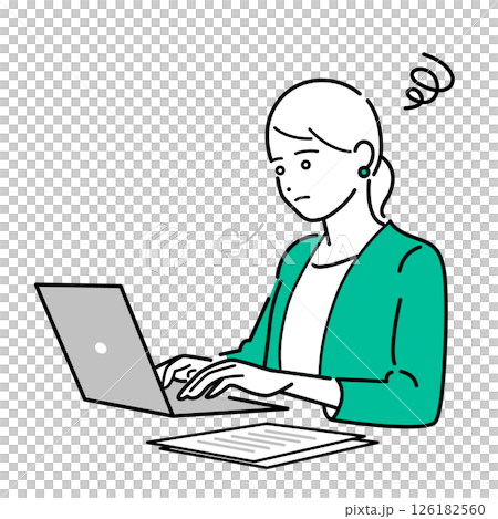 ため息をして悩む、パソコン作業中のビジネススーツ着用の女性のシンプルな上半身ベクターイラスト ため息をして悩む、パソコン作業中のビジネススーツ着用の女性のシンプルな上半身ベクターイラスト 126182560