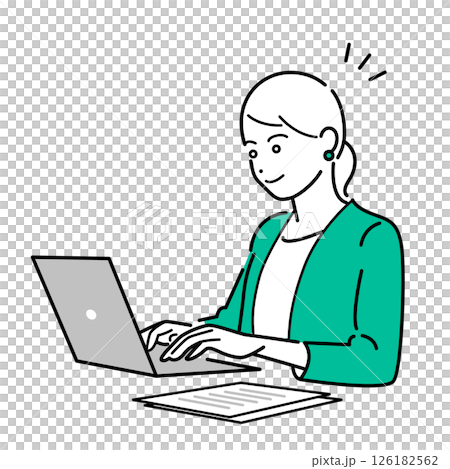 Simple upper body vector illustration of a woman wearing a business suit working on a computer Simple upper body vector illustration of a woman wearing a business suit working on a computer 126182562