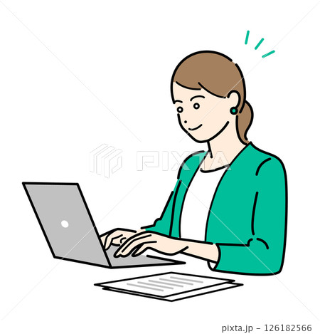 パソコン作業中のビジネススーツ着用の女性のシンプルな上半身ベクターイラスト パソコン作業中のビジネススーツ着用の女性のシンプルな上半身ベクターイラスト 126182566