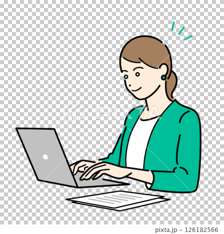 パソコン作業中のビジネススーツ着用の女性のシンプルな上半身ベクターイラスト パソコン作業中のビジネススーツ着用の女性のシンプルな上半身ベクターイラスト 126182566