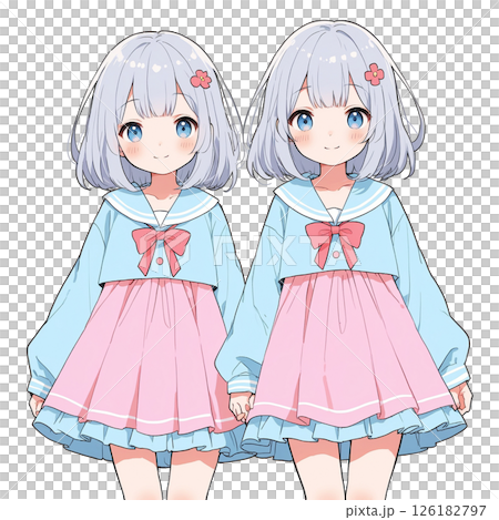 かわいい双子の少女のアニメイラスト（白背景）のイラスト素材