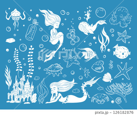 Mermaids and sea creatures - blue color. Sea collection doodle hand drawn. Big mermaid set. Vector illustrations. 126182876