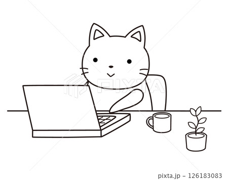リモートワークをするネコ　線画 126183083