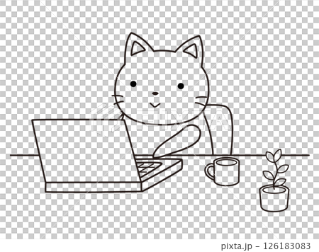リモートワークをするネコ　線画 126183083