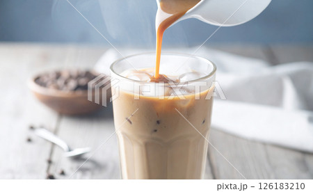 Misty caramel waterfall over iced coffee .Background concept. Generated Image Misty caramel waterfall over iced coffee .Background concept. Generated Image 126183210