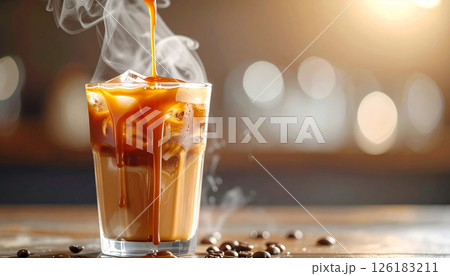 Misty caramel waterfall over iced coffee .Background concept. Generated Image Misty caramel waterfall over iced coffee .Background concept. Generated Image 126183211