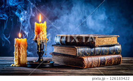 dripping candle wax on antique books .Background concept. Generated Image 126183422
