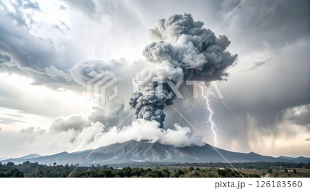 ash cloud, lightning, monochrome dystopian environment .Background concept. Generated Image 126183560