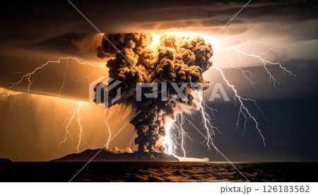 ash cloud, lightning, monochrome dystopian environment .Background concept. Generated Image 126183562