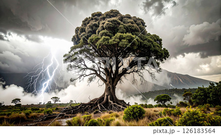 ash cloud, lightning, monochrome dystopian environment .Background concept. Generated Image 126183564