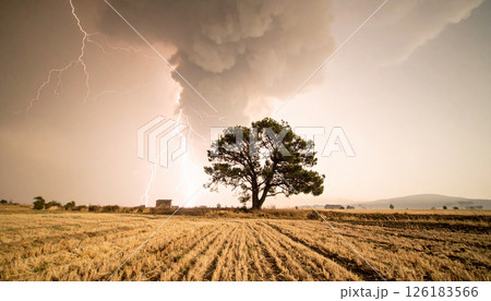 ash cloud, lightning, monochrome dystopian environment .Background concept. Generated Image 126183566