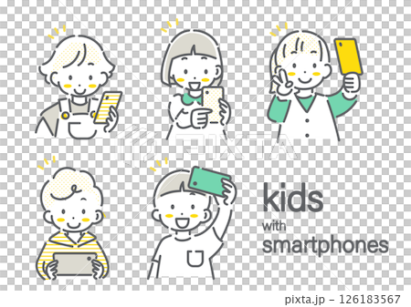 Children having fun using smartphones - simple and cute line drawing illustration 126183567
