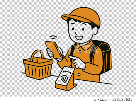 一名男小學生使用智慧型手機付款的插圖 126183629