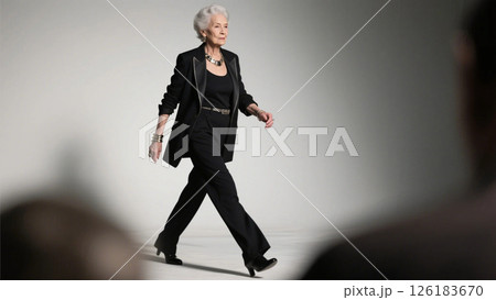 ランウェイを歩くシニアモデル 126183670