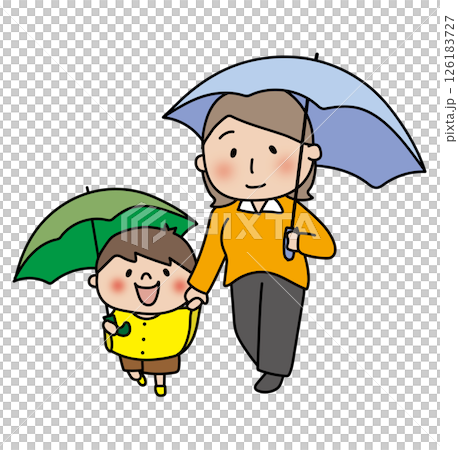 傘をさして手を繋ぐママと息子 126183727