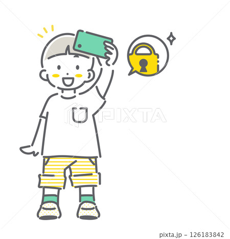 安心してスマホを楽しく使う子供　シンプルでかわいい線画イラスト 126183842
