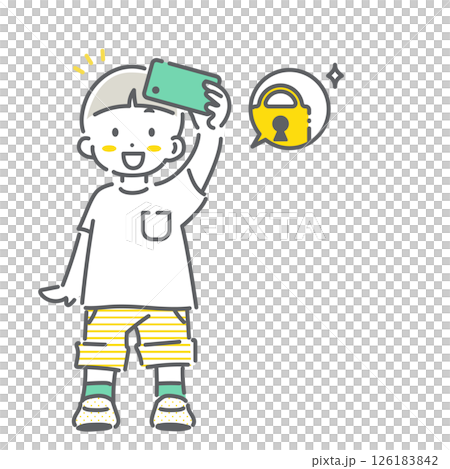 A child using a smartphone safely and happily - simple and cute line drawing illustration 126183842