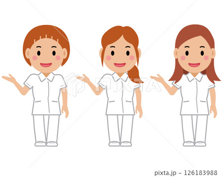 こちらへ、と笑顔の白制服の女性看護師。その2 こちらへ、と笑顔の白制服の女性看護師。その2 126183988